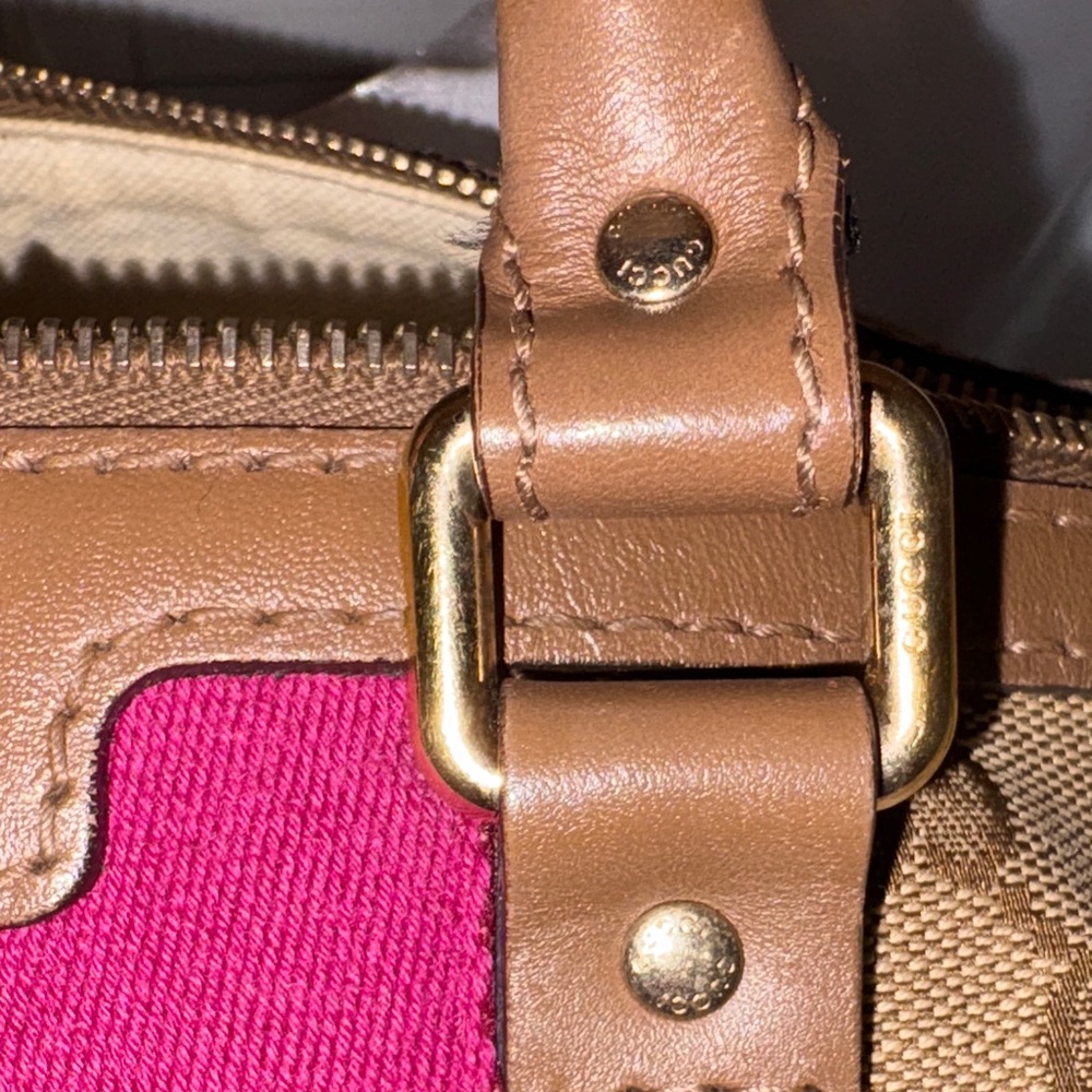 Gucci Beige GG Canvas Top-Handle Bag with Pink & Brown Stripe - Picture 17 of 17
